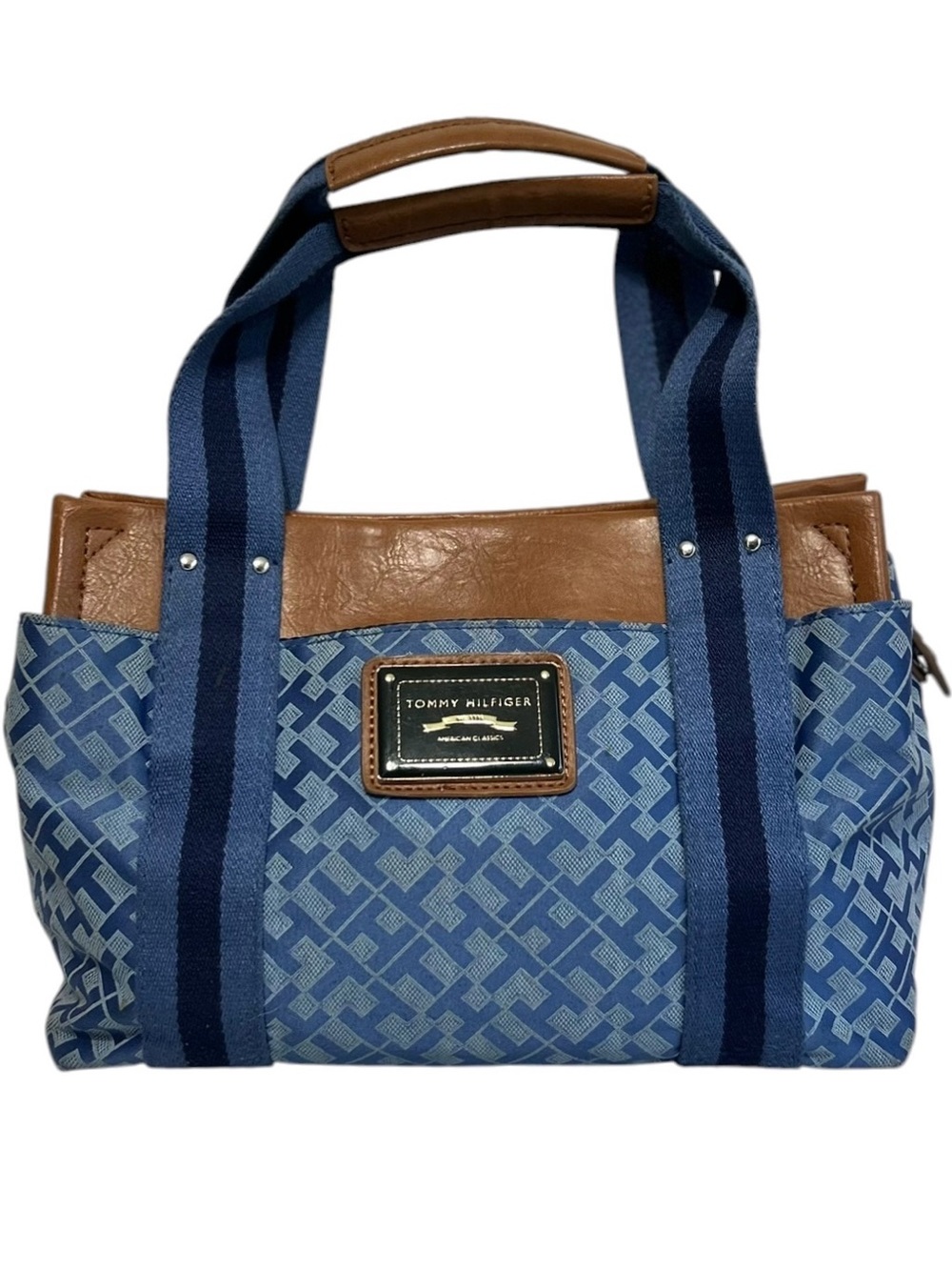 Tommy Hilfiger Monogram Handbag Blue Brown Shoulder Mini Satchel Tote Bag